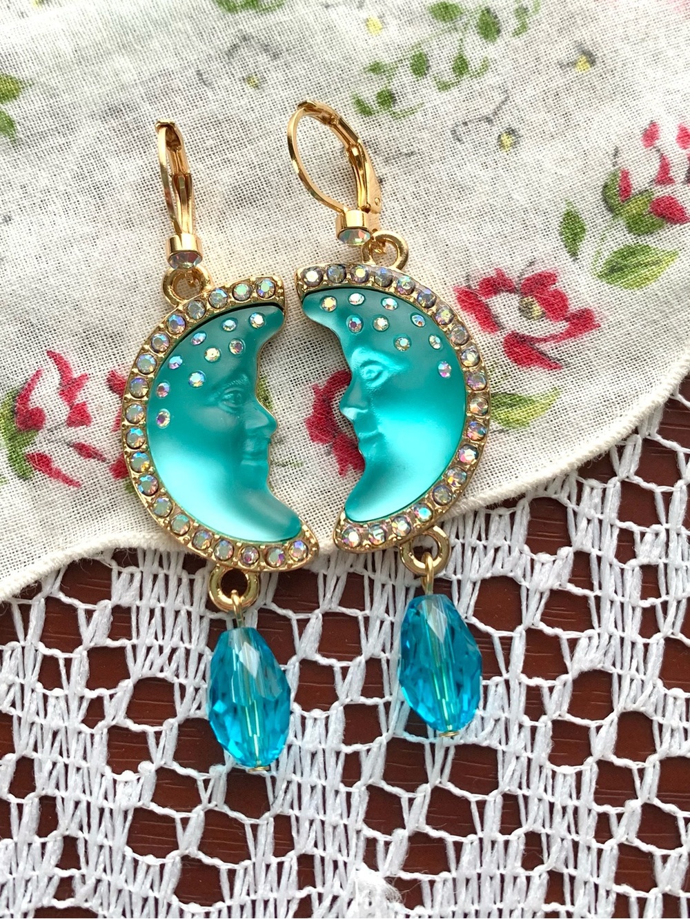 Kirk’s Folly Blue Crescent Moon Face Dangling Blue Drop Earrings